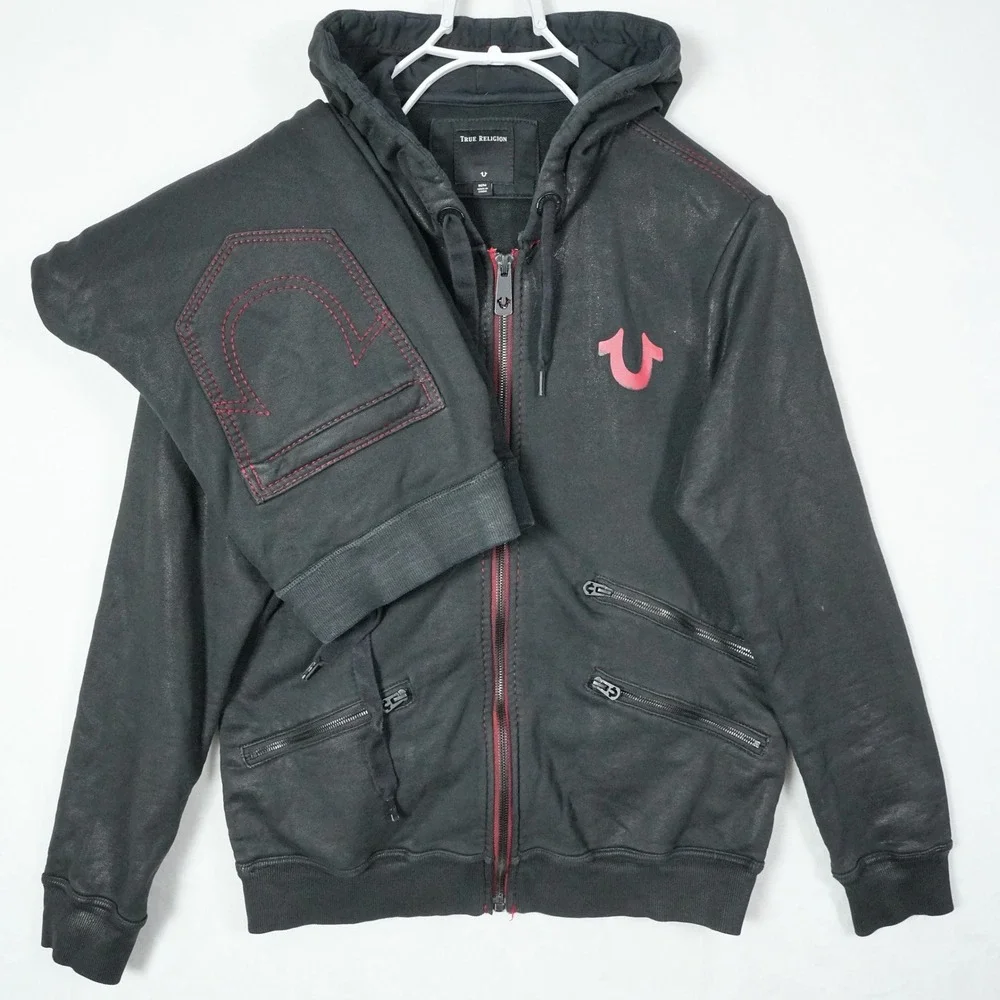 True Religion Men Coated Black Red Moto Hoodie Jogger Tracksuit Set Medium/Large